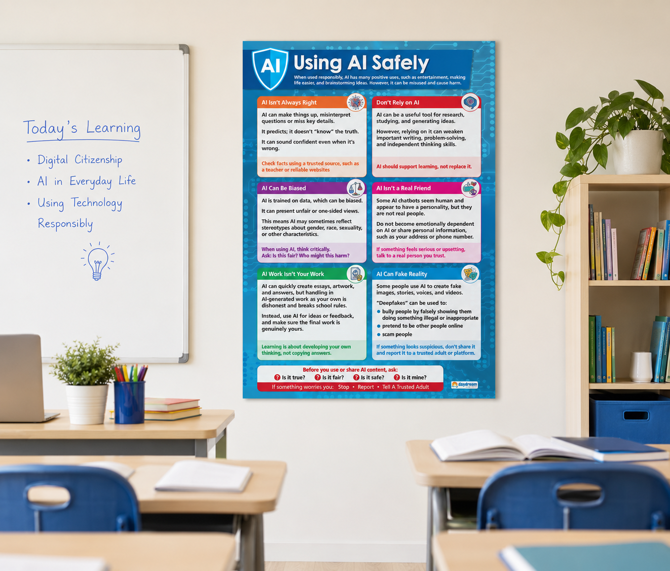 Educational poster on using AI safely in a classroom setting with desks and books.