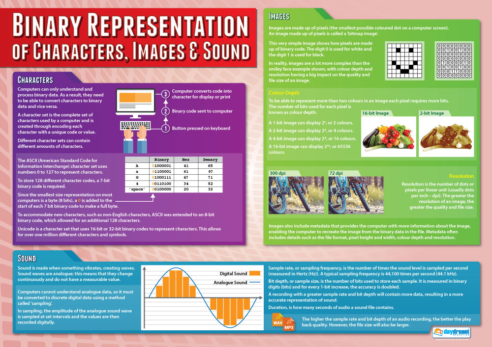 Binary Representation of Characters, Images & Sound Poster, Digital Technology Posters, Digital Technology Charts for the Classroom, Digital Technology Education Charts, Educational School Posters, Classroom Posters, Perfect for Digital Technology Teachers, Computer Science Classroom, Computer Science Poster, Learning Resource, Visual Learning, Classroom Decor