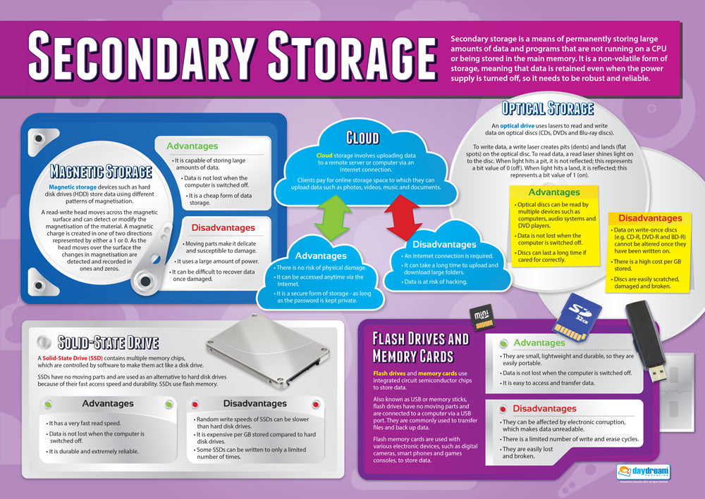 Secondary Storage Poster, Digital Technology Posters, Digital Technology Charts for the Classroom, Digital Technology Education Charts, Educational School Posters, Classroom Posters, Perfect for Digital Technology Teachers, Computer Science Classroom, Computer Science Poster, Learning Resource, Visual Learning, Classroom Decor