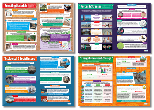 Specialist Properties poster set showing four A1 educational charts: Selecting Materials, Forces & Stresses, Ecological & Social Issues, and Energy Generation & Storage, with colourful diagrams and material science explanations for classroom learning.