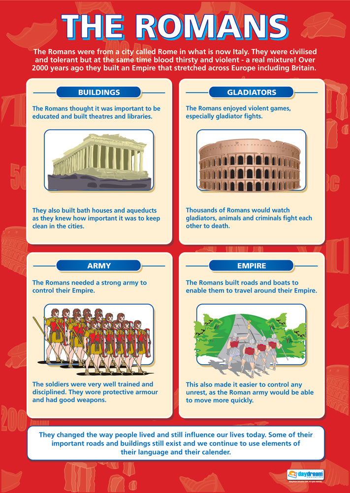 Romans Educational Poster, Ancient Rome Overview, Roman Civilisation Chart, History Classroom Visual Aid, Visual Learning for History, Interactive History Lessons, A1 Size Educational Poster, Interactive History Learning, A1 History Poster, History Poster, History Charts for the Classroom, History Production Visual Aid, Educational School Posters, Classroom Posters