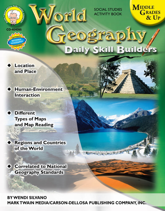 World Geography, Geography Skill Builders, Daily Activities, Geography Curriculum, Progressive Learning, Challenging Activities, Review and Practice, Grayscale Maps, Middle Grade, High School, Geography Teachers, Humanities Education, Educational Resources.